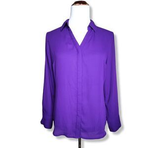 Worthington Long Sleeve Button Front Blouse Purple Size Petite Medium